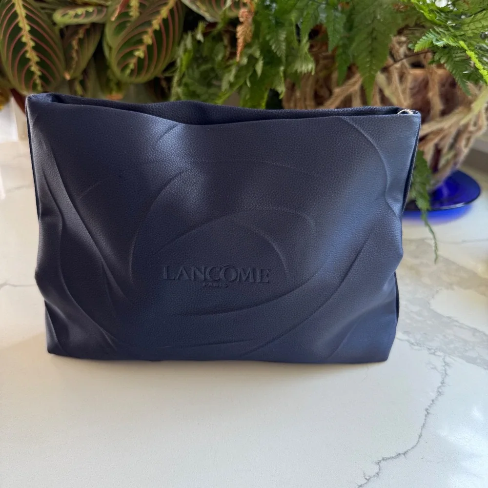 Lancome Paris Navy Blue Rose Embossed Cosmetic Makeup Bag Pouch Rose Gold Zip